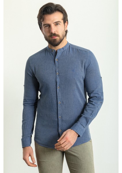 Düz Indigo Rengi Slim Fit Hakim Yaka Basic Keten Erkek Gömlek