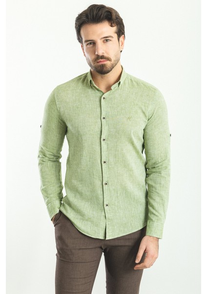 Düz Yeşil Rengi Slim Fit Basic Keten Erkek Gömlek