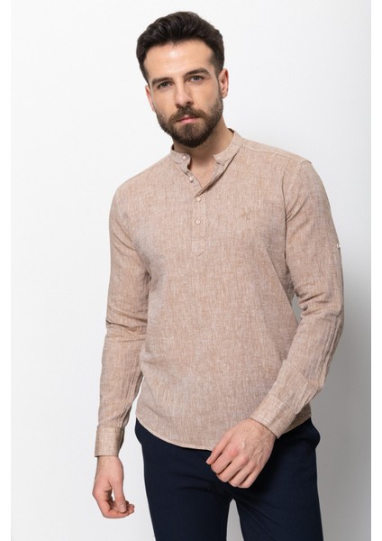 Desenli Slim Fit Hakim Yaka Keten Erkek Gömlek