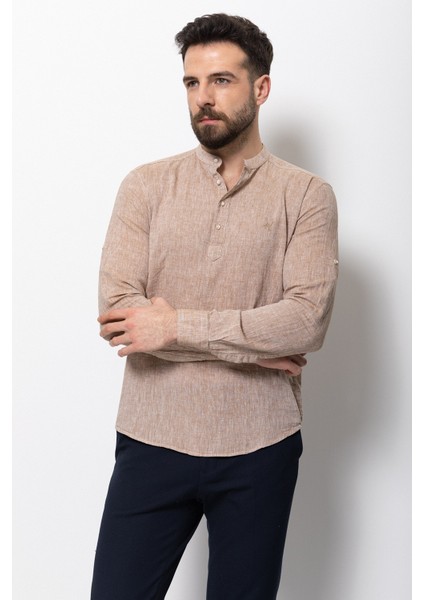 Desenli Slim Fit Hakim Yaka Keten Erkek Gömlek modelleri