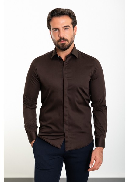 Düz Kahverengi Slim Fit Polikort Yaka Klasik Erkek Gömlek