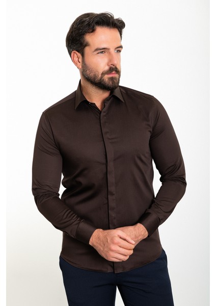 Düz Kahverengi Slim Fit Polikort Yaka Klasik Erkek Gömlek modelleri