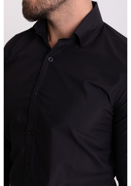 Düz Siyah Renk Slim Fit Gizli Düğmeli Klasik Erkek Gömlek fiyatları