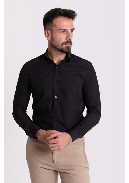 Düz Siyah Renk Slim Fit Gizli Düğmeli Klasik Erkek Gömlek modelleri