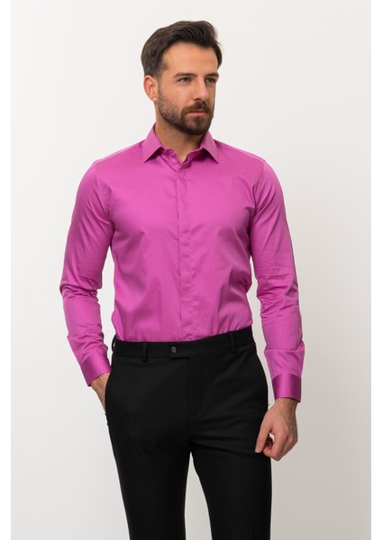 Düz Lila Rengi Slim Fit Polikort Yaka Klasik Erkek Gömlek