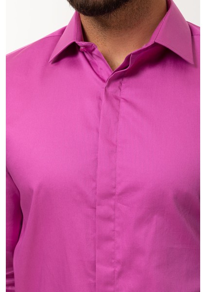 Düz Lila Rengi Slim Fit Polikort Yaka Klasik Erkek Gömlek fiyatları