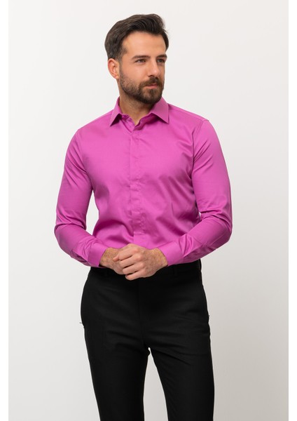Düz Lila Rengi Slim Fit Polikort Yaka Klasik Erkek Gömlek modelleri