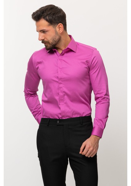 Düz Lila Rengi Slim Fit Polikort Yaka Klasik Erkek Gömlek fırsatları