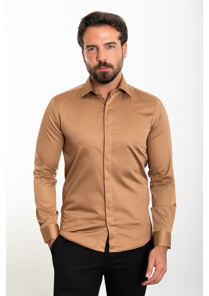 Düz Kamel Rengi Slim Fit Polikort Yaka Klasik Erkek Gömlek