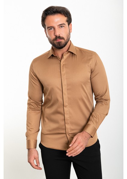 Düz Kamel Rengi Slim Fit Polikort Yaka Klasik Erkek Gömlek modelleri