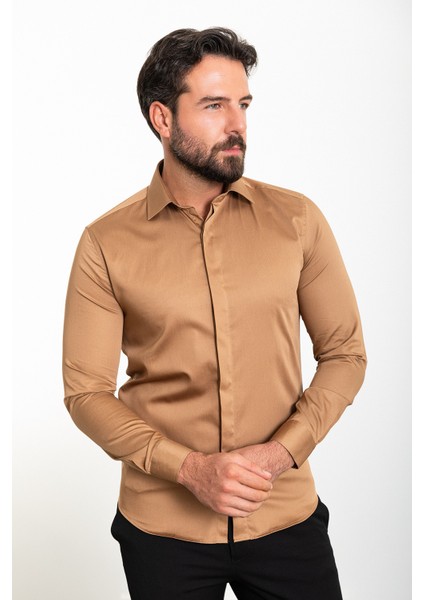 Düz Kamel Rengi Slim Fit Polikort Yaka Klasik Erkek Gömlek fırsatları