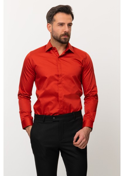 Düz Kiremit Rengi Slim Fit Polikort Yaka Klasik Erkek Gömlek