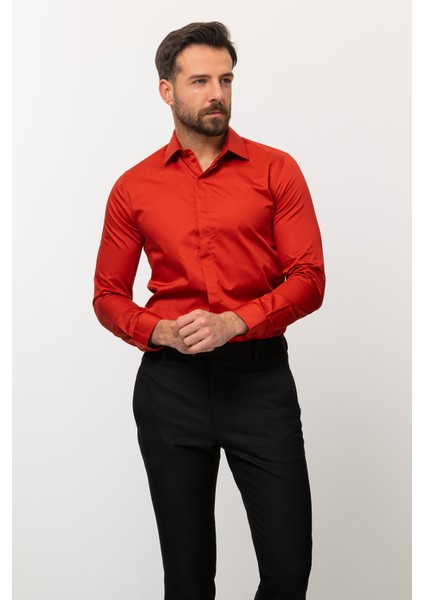 Düz Kiremit Rengi Slim Fit Polikort Yaka Klasik Erkek Gömlek modelleri
