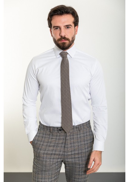 Düz Beyaz Renk Slim Fit Polikort Yaka Klasik Erkek Gömlek