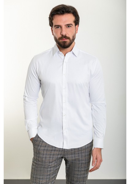 Düz Beyaz Renk Slim Fit Polikort Yaka Klasik Erkek Gömlek modelleri