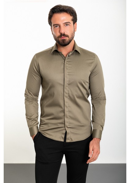 Düz Haki Rengi Slim Fit Polikort Yaka Klasik Erkek Gömlek
