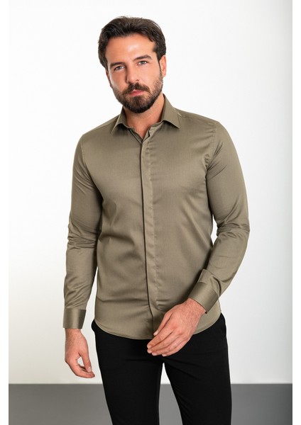 Düz Haki Rengi Slim Fit Polikort Yaka Klasik Erkek Gömlek modelleri