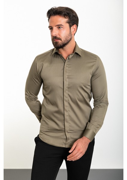 Düz Haki Rengi Slim Fit Polikort Yaka Klasik Erkek Gömlek fırsatları