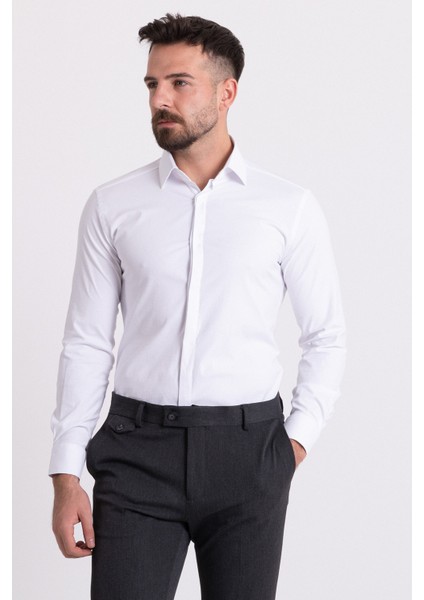 Desenli Beyaz Renk Slim Fit Gizli Düğmeli Klasik Erkek Gömlek modelleri