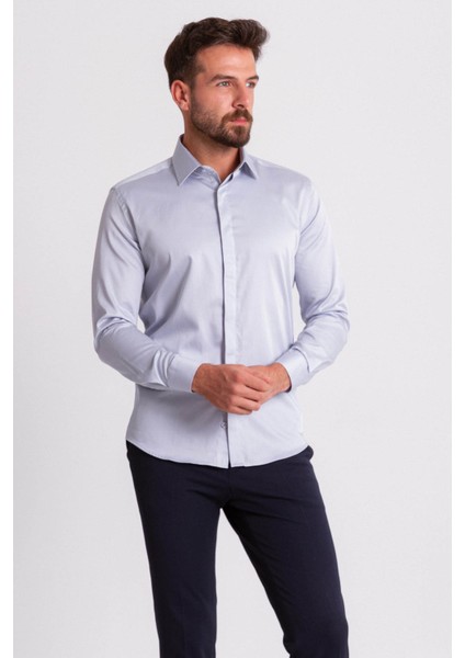 Düz Gri Renk Slim Fit Polikort Yaka Klasik Erkek Gömlek
