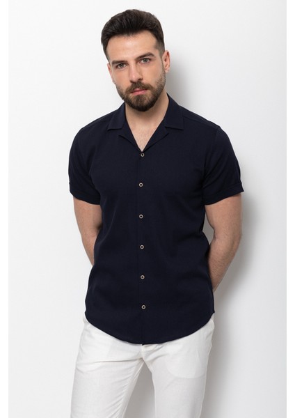 Duz Lacivert Renk Slim Fit Apaç Yaka Kısa Kollu Erkek Gömlek
