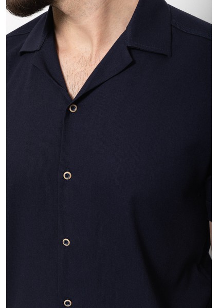 Duz Lacivert Renk Slim Fit Apaç Yaka Kısa Kollu Erkek Gömlek fiyatları