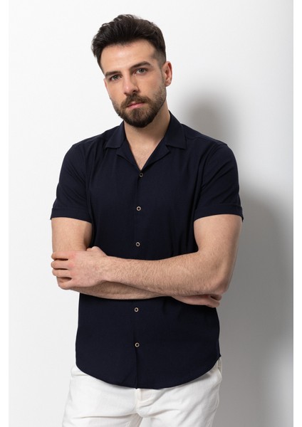 Duz Lacivert Renk Slim Fit Apaç Yaka Kısa Kollu Erkek Gömlek modelleri