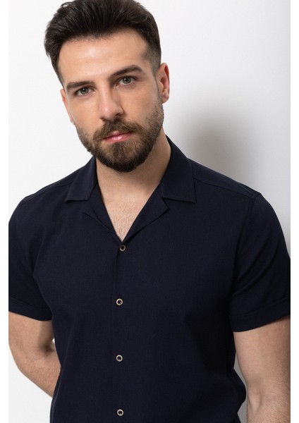 Duz Lacivert Renk Slim Fit Apaç Yaka Kısa Kollu Erkek Gömlek indirimleri