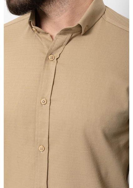 Desenli Bej Rengi Slim Fit Erkek Gömlek fırsatları