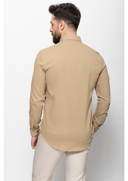 Desenli Bej Rengi Slim Fit Erkek Gömlek indirimleri