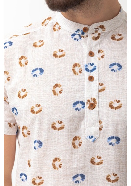 Desenli Beyaz Renk Yarım Patlı Slim Fit Kısa Kollu Hakim Yaka Erkek Gömlek fiyatları