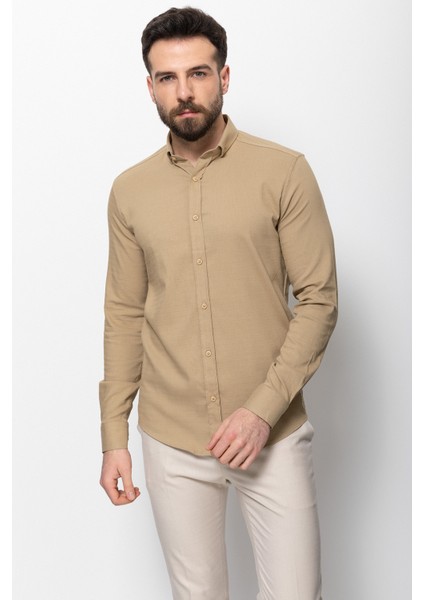 Desenli Bej Rengi Slim Fit Erkek Gömlek