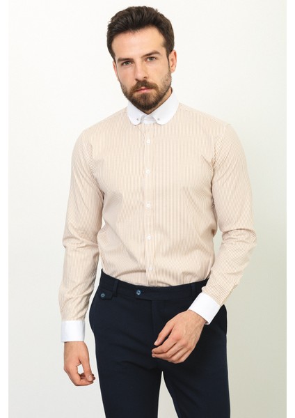 Çizgili Bej Rengi Slim Fit Bebe Yaka Klasik Erkek Gömlek