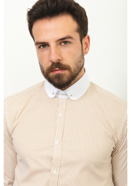 Çizgili Bej Rengi Slim Fit Bebe Yaka Klasik Erkek Gömlek fiyatları