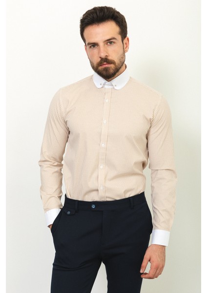 Çizgili Bej Rengi Slim Fit Bebe Yaka Klasik Erkek Gömlek modelleri