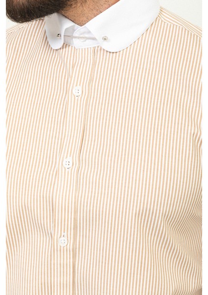 Çizgili Bej Rengi Slim Fit Bebe Yaka Klasik Erkek Gömlek fırsatları