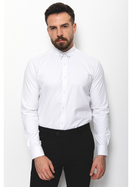 Desenli Beyaz Renk Slim Fit Yaka İğneli Klasik Erkek Gömlek