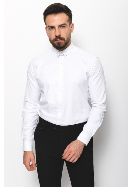 Desenli Beyaz Renk Slim Fit Yaka İğneli Klasik Erkek Gömlek modelleri