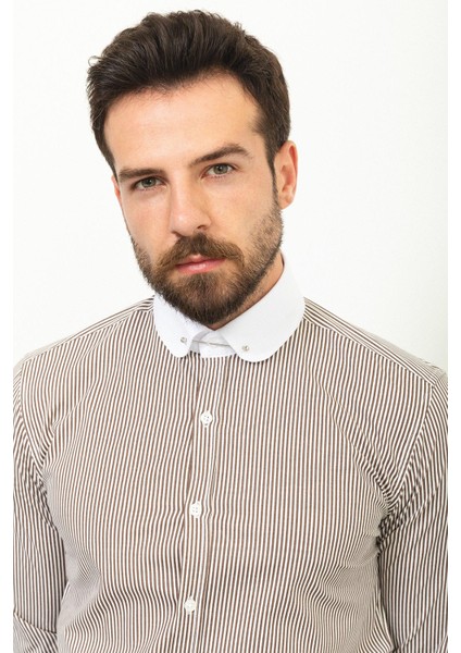 Çizgili Kahverengi Slim Fit Bebe Yaka Klasik Erkek Gömlek fiyatları