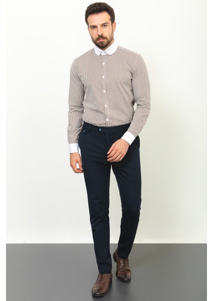 Çizgili Kahverengi Slim Fit Bebe Yaka Klasik Erkek Gömlek modelleri