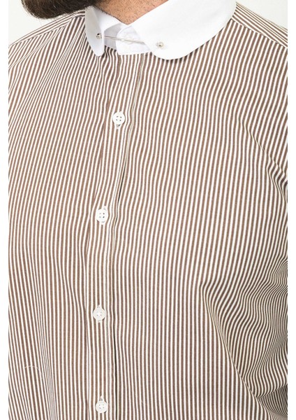 Çizgili Kahverengi Slim Fit Bebe Yaka Klasik Erkek Gömlek fırsatları