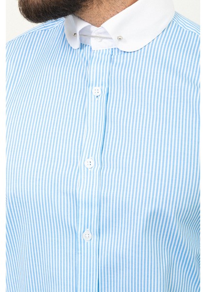 Çizgili Mavi Renk Slim Fit Bebe Yaka Klasik Erkek Gömlek fiyatları