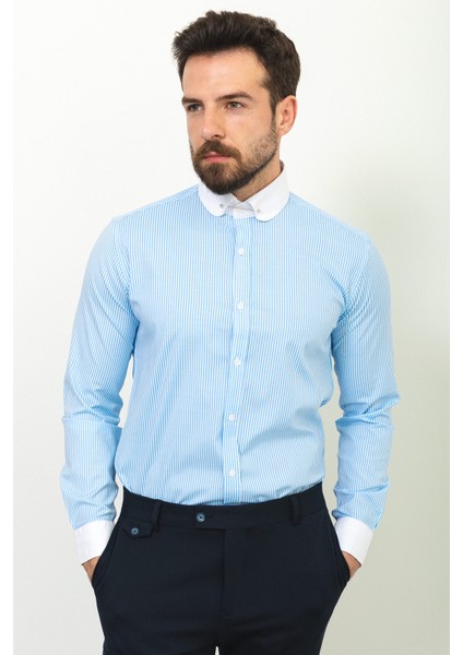 Çizgili Mavi Renk Slim Fit Bebe Yaka Klasik Erkek Gömlek modelleri