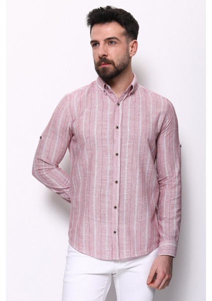 Çizgili Kahverengi Slim Fit Erkek Gömlek
