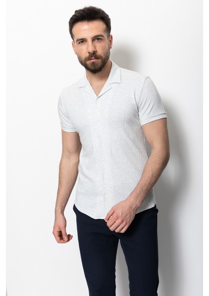 Desenli Mavi Renk Slim Fit Apaç Yaka Kısa Kollu Erkek Gömlek