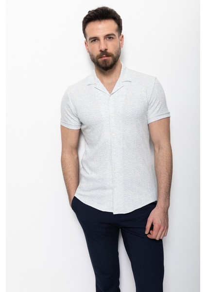 Desenli Mavi Renk Slim Fit Apaç Yaka Kısa Kollu Erkek Gömlek modelleri