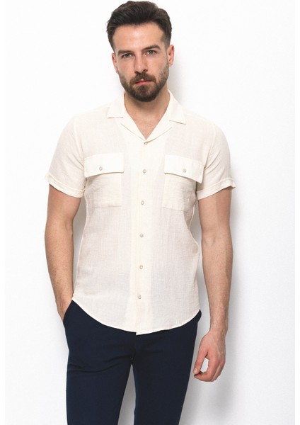 Desenli Ekru Rengi Slim Fit Kısa Kollu Apaç Yaka Erkek Gömlek