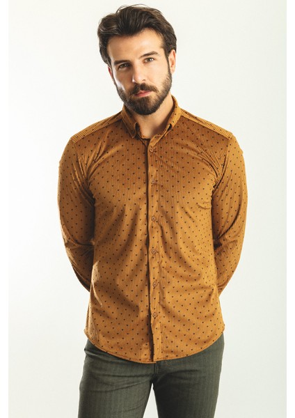 Desenli Kamel Rengi Slim Fit Erkek Gömlek