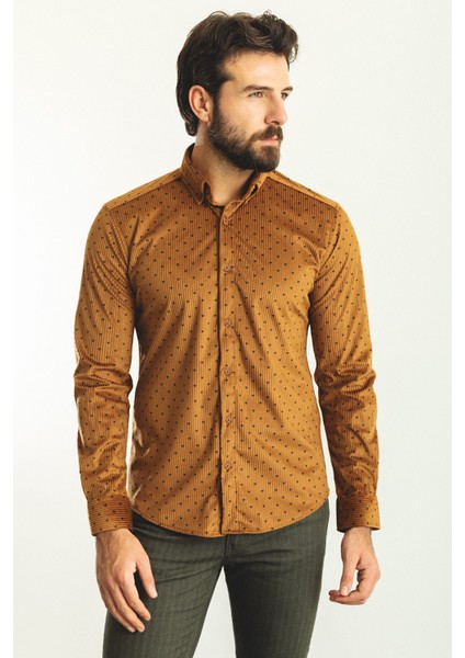 Desenli Kamel Rengi Slim Fit Erkek Gömlek modelleri