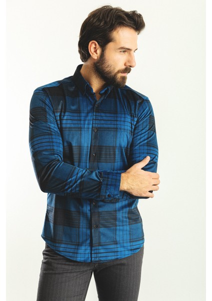 Desenli Koyu Lacivert Slim Fit Erkek Gömlek